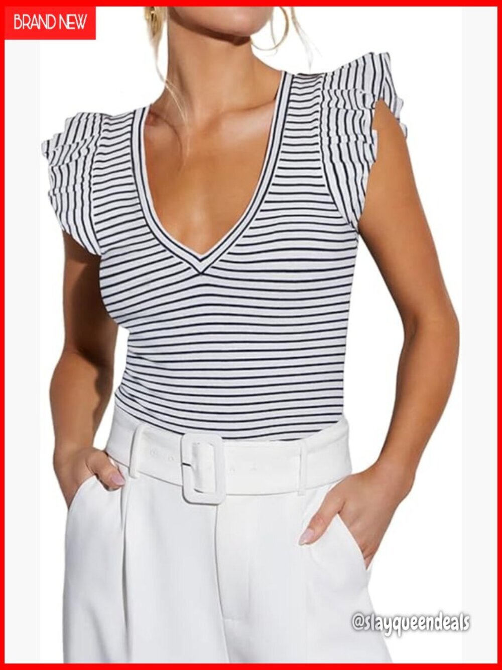 Slim Fit Ribbed Knit Tank Top with Ruffle Sleeves for Office or Casual Wear